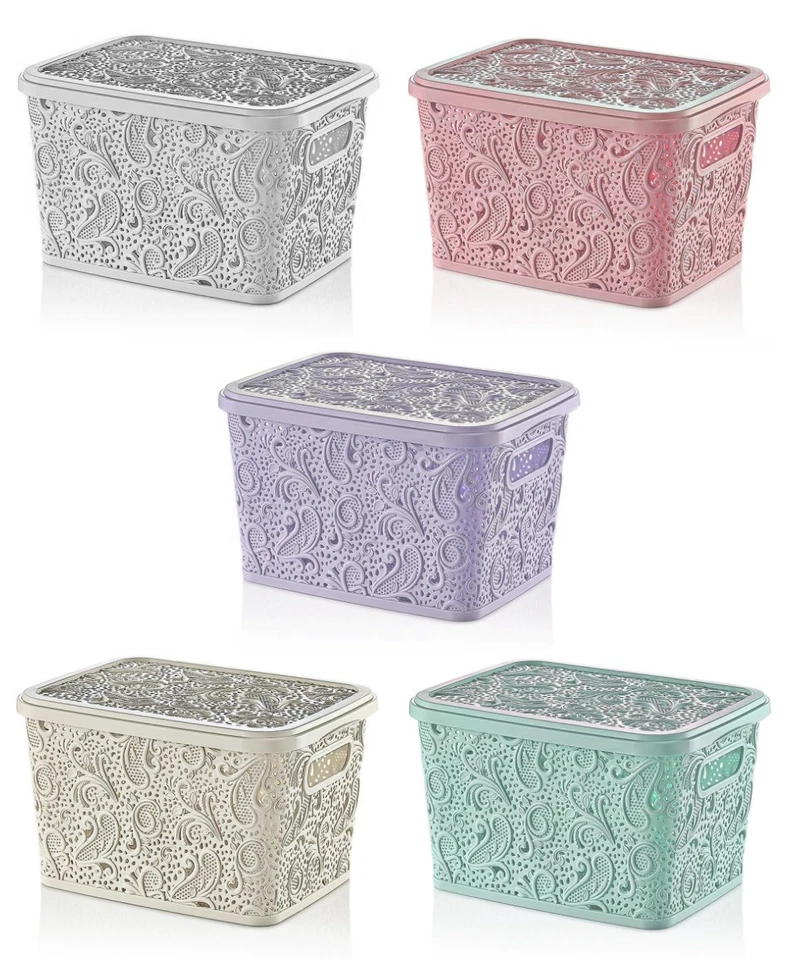 Small Large Lace Plastic Storage Box Lid Basket Container Kitchen Home Office - Image 1 of 1