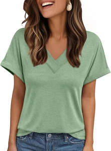Womens Tops Short Sleeve T Shirt Summer V Neck Casual Top 2025 Spring Cute Basic - Picture 1 of 22