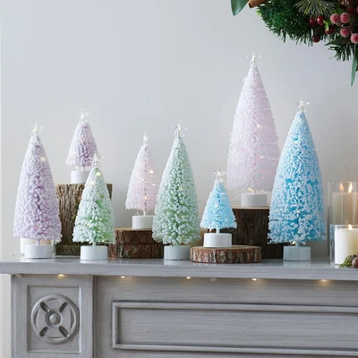 8PCS Pastel Mini Xmas Trees with LED Lights Flocked Bottle Brush Table Decor Set - Image 1 of 4