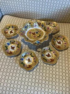 Vintage Butterflies Blue, Yellow &Gold Pedestal Dish w/6 nut dishes-stunning! - Picture 1 of 23