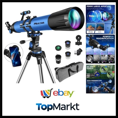 Astronomieteleskop Profi Blau 90mm 800mm AZ Montierung Reise Kinder - Bild 1 von 4
