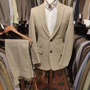 Vintage Mens 38R 32R 2 Two Piece Suit Jacket Trousers Herringbone Harris Style - Picture 1 of 16