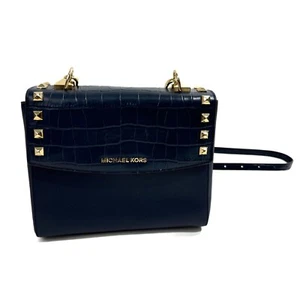 Michael Kors Blue Gold Studs Detail Leather Karla Satchel Crossbody Handbag - Picture 1 of 12