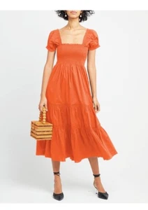 NWT Womens Square Neck Puff Sleeve Smocked Ruffle A Line Midi Dress Orange XL - Picture 1 of 5