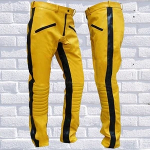 classic Fitted Yellow Motorcycle or Casual Men's Leather Trousers Pants - Picture 1 of 5
