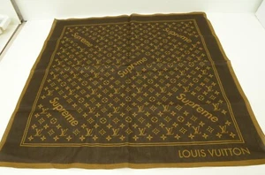Authentic Louis Vuitton Brown 100% Cotton LV Monogram Supreme Scarf 55cm Pocket - Picture 1 of 11