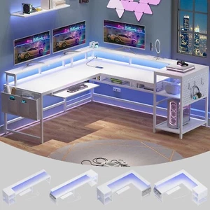 L Shaped Gaming Desk with Power Outlets & LED Strip, Reversible Home Office Desk - Picture 1 of 7