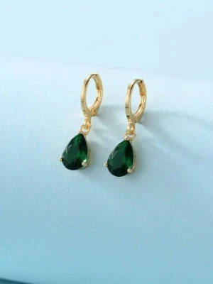 10K Yellow Gold With Simulated Pear Cut Emerald Drop Dangle Hoop Earrings - Image 1 of 3