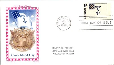 FDC 1968 SC #1354a Jackson Cachet, RI Flag - Pittsburgh PA - Single - F78329 - Image 1 of 2