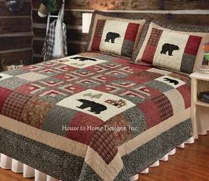 3pc King ASPEN HEIGHTS CABIN QUILT SET : BLACK BEAR RED PLAID IVORY LODGE FEVER - Picture 1 of 4