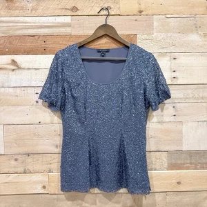 Top transparente St. John gris azul lentejuelas seda talla 6 cremallera lateral fiesta glamour lujo - Imagen 1 de 5
