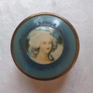 Barattolo con coperchio blu vintage epoca vittoriana/dama vittoriana/vetro trasparente/oro 2,2"D - Foto 1 di 10
