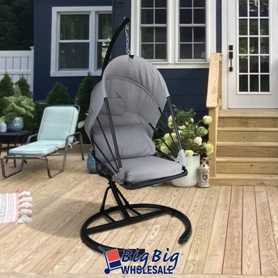 GENIQUA Foldable Hanging Egg Chair Outdoor Patio Hammock Swing Cushion Seat Canopy Stand