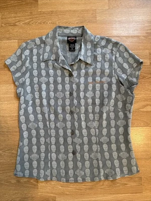 Harley Davidson Seda Abotonada SS Para Hombres Talla M Bordado Logo Gris Calaveras Foto 1 de 4