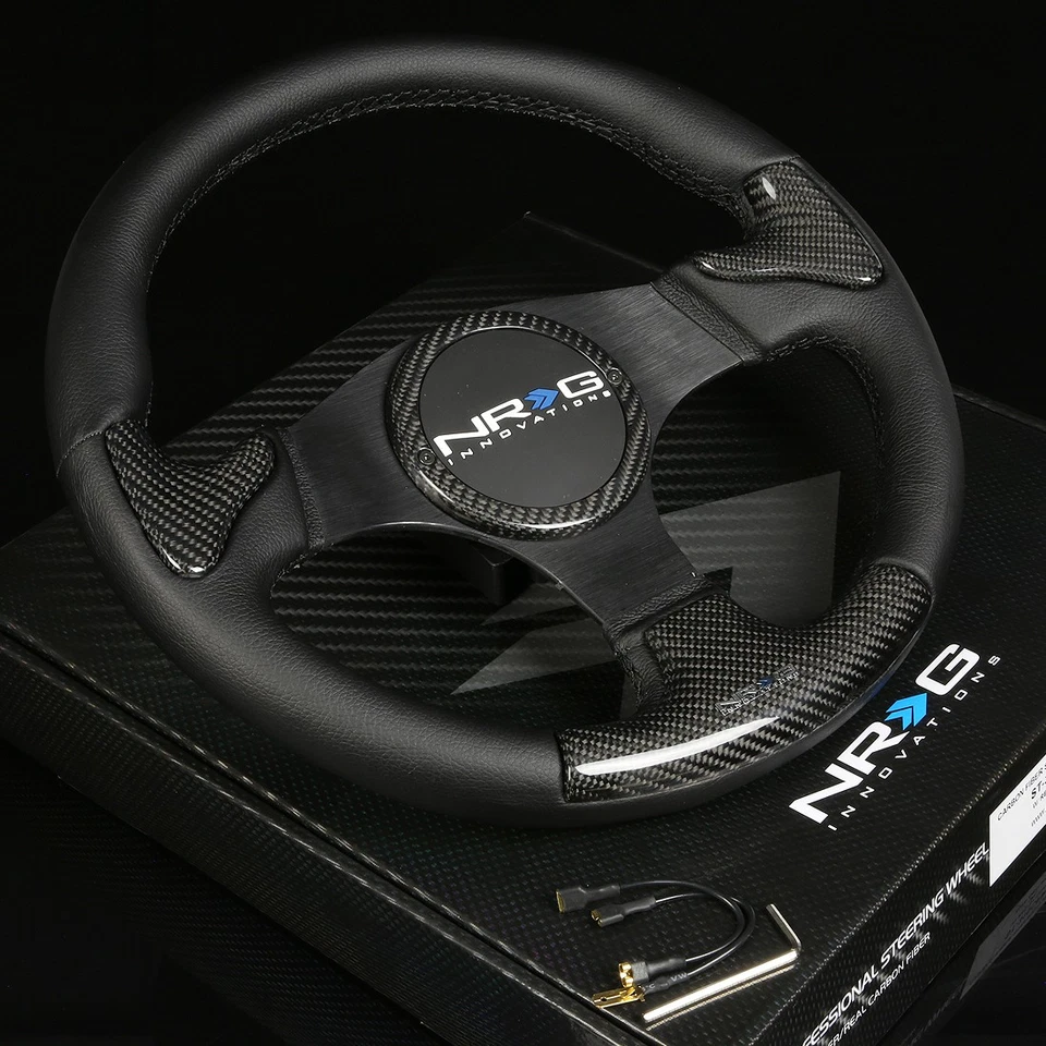 NRG 350MM 6-HOLES LEATHER STEERING WHEEL BLACK SPOKE REAL CARBON FIBER INSERT - Image 1 of 1