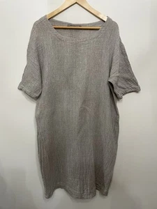 Abito tunica midi Beau Jours tessuto lino pieghettato beige USA Lagenlook donna L - Foto 1 di 8