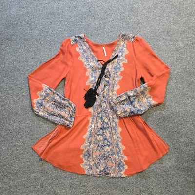 Túnica Free People Top Feminina Laranja Média Manga Longa Boho Casual Hippie - Imagem 1 de 4