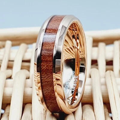 Anillo de compromiso con incrustaciones de madera de koa regalo de aniversario de tungsteno de oro rosa Foto 1 de 4