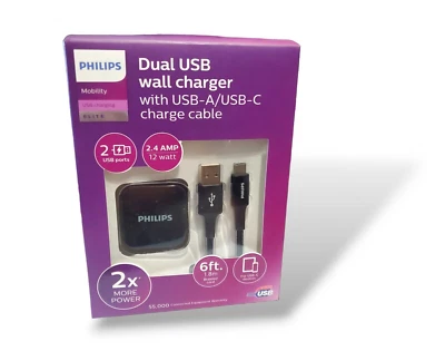 Cargador de pared de doble puerto Philips y kit de carga con cable USB-A/USB-C Foto 1 de 4