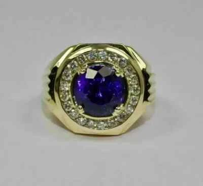 Anillo para hombre de tanzanita azul de corte redondo de 2,00 quilates enchapado en oro amarillo de 14 quilates Foto 1 de 4