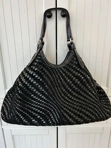 COLE HAAN Genevieve Woven Triangle Black Patent Leather Tote/Shoulder Bag - Picture 1 of 12