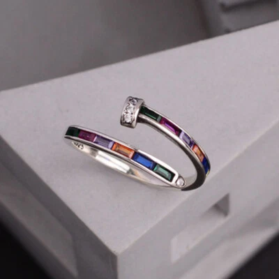 925 Silver Ins Rainbow Cubic Zirconia Ring Crystal Adjustable Fashion Women Ring - Image 1 of 4