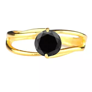 1.50Ct Round Cut 100% Natural Jet Black Diamond Women's Ring In 14KT Yellow Gold - Picture 1 of 12