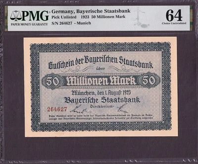 Germany Bayerische Staatsbank 50 Millionen Mark 1923 Pick-UNL Ch UNC PMG 64 - Image 1 of 2
