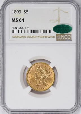 1893 LIBERTY HEAD HALF EAGLE $5 GOLD NGC MS64 CAC - Image 1 of 3