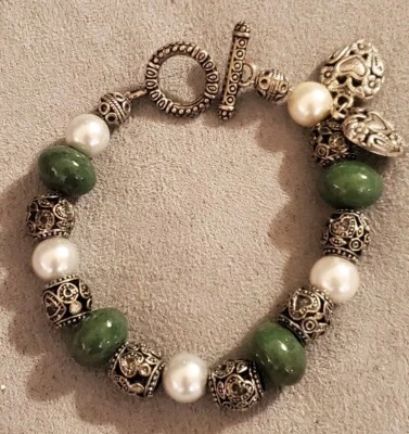 Pulseira moderna de filigrana de jaspe verde e pérola falsa com miçangas - Imagem 1 de 4