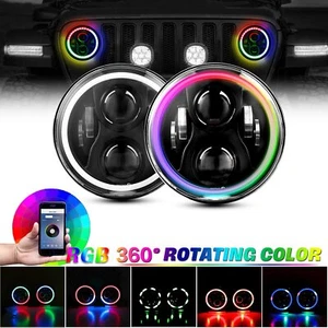 For Jeep Wrangler JK TJ LJ Halo RGB 7'' LED Headlight DRL Lights Combo 2PCS Kit - Picture 1 of 13
