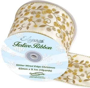 1m, 3m oder 9m ~ 63mm Drahtkante Weihnachtsband Glitzer Beeren, creme/gold, - Bild 1 von 2