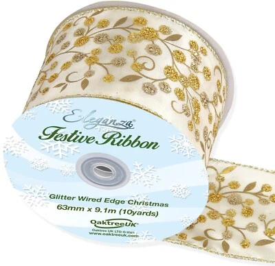 1m, 3m or 9m ~ 63mm Wired Edge Christmas Ribbon Glitter Berries, Cream/Gold, - Image 1 of 2