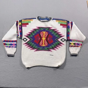 Vintage Kopf Pullover Herren M weiß bunt Azteken Strickpullover Baumwolle 90er - Bild 1 von 9