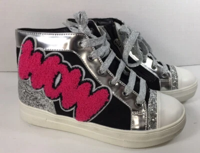 ZAPATOS ALTOS Kidpik Rosa NEGRO Talla 3 Niñas Jóvenes Tenis Plata Brillo Cremallera Foto 1 de 4