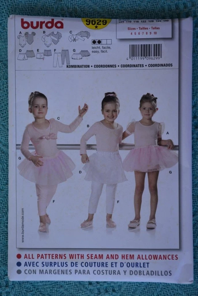 BURDA #9629 Girls Leotard-Tutu-Leggings-Bolero-Dance Skirt PATTERN Size 4-10 NEW - Image 1 of 1