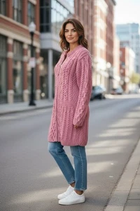 Womens Kilronan Knitwear Ireland XXL Merino Wool Full Zip Cardigan Sweater Mauve - Picture 1 of 13