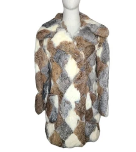 Vtg Rabbit Fur Patch Work Multicolor Mid Length Double Breasted Retro Coat - Picture 1 of 8