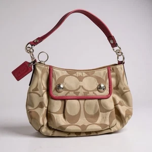 Y2K Coach Signature Schultertasche 13833 hellbraun "C" Canvas rot Lederbesatz Hobo Logo - Bild 1 von 13