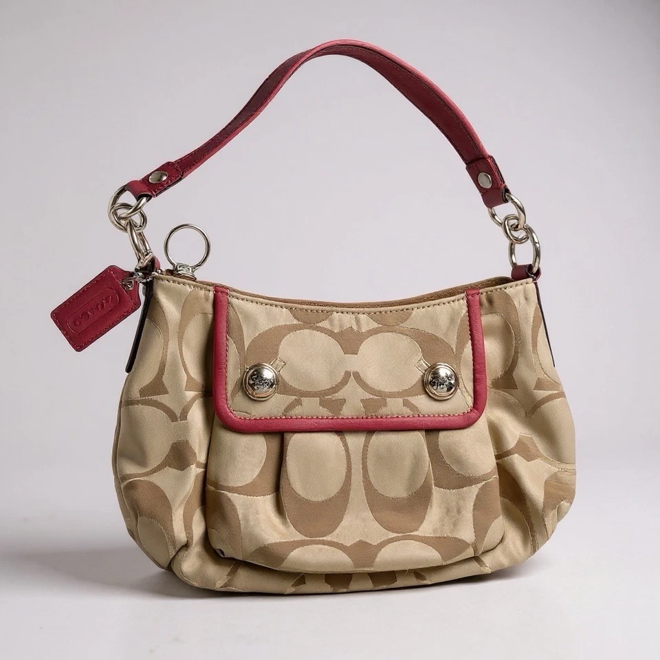 Bolso de Hombro Y2K Coach Signature 13833 Tostado "C" Lona Rojo Cuero Borde Hobo Logo Foto 1 de 4
