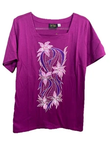 Bob Mackie Size 1X Wearable Art Purple Pink Embroidered Floral Stretch Top NEW - Picture 1 of 9