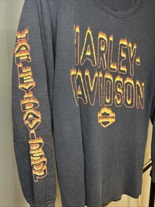 Vintage 90s Harley Davidson Flame Thermal Shirt Black Long Sleeve Biker Large - Picture 1 of 10