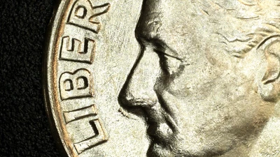 BU 1956-D Silver Roosevelt Dime with Die Crack on and under nose-Nose Ring (1) - Image 1 of 3