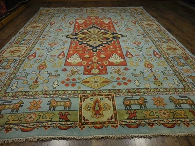 Alfombra turca Oushak, alfombra de caza multicolor, alfombra bohemia hecha a mano, 9x12 pies Foto 1 de 4