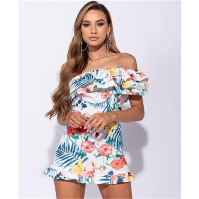 Damen Overall mit Carmenausschnitt und Blumenmuster Weiß #OV468 - Bild 1 von 4