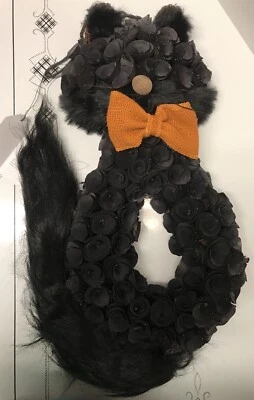 Pier 1 Imports Halloween 18" x 13" Handcrafted Black Cat Wood Curl Wreath - Image 1 of 4