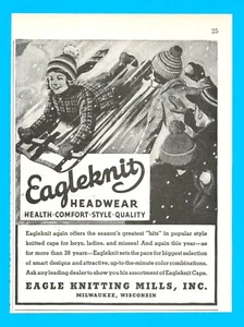 1938 EAGLEKNIT HEADWEAR Mütze Kappe PRINT AD Jungen auf Schlitten Schnee Milwaukee Wisconsin - Bild 1 von 3