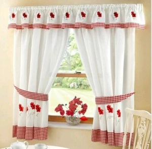 Paar Vorhänge & Raffbänder appliziert bestickt Mohnblumen 46" x 42" NEU  - Bild 1 von 3