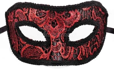 Men's Red & Black Lace Mask Venetian Masquerade Mask Cosplay Mask - Image 1 of 4