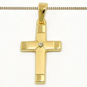 Gold 585 Diamant 0,01 Brillant Kreuz Anhänger Taufe Kommunion mit Silber Kette - Bild 1 von 5